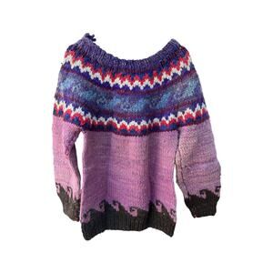 Woolies Handmade Ecuador Wool Sweater Purple Fair Isle Chunky Knit Medium